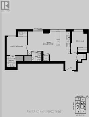 Toronto (Church-Yonge Corridor) condo for rent - A floor plan for a home with a master bedroom, two bedrooms, a living room/dining room/kitchen area, and an ensuite bathroom.
