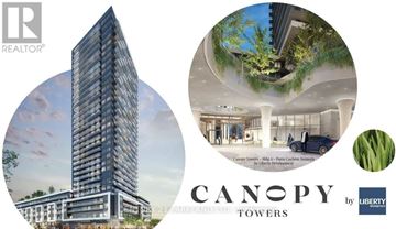 Mississauga (Hurontario) condo for rent - A brochure for Canopy Towers by Liberty, a 21-story residential building with amenities such as a gym, spa, and parking garage.