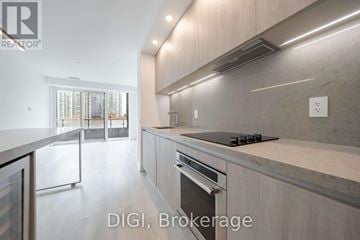Toronto (Waterfront Communities) condo for rent - A modern kitchen with a stainless steel oven and a marble countertop.