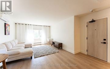 Toronto (Mimico) condo for rent - A living room with a white couch and a rug in the middle.