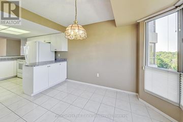 Burlington (Brant) condo for rent - A well-lit kitchen with white cabinets and a tiled floor.