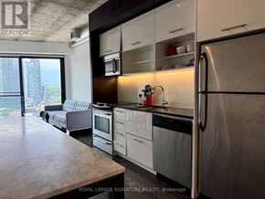 Toronto (Moss Park) condo for rent - A modern kitchen with stainless steel appliances and a view of the city.