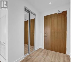 Toronto (South Parkdale) condo for rent - A room with a wooden door and a mirror on the wall.