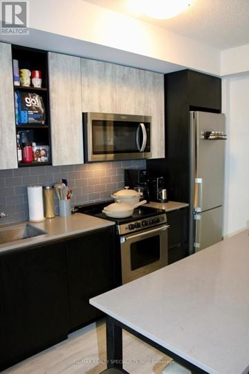Toronto (Mimico) condo for rent - A modern kitchen with black cabinets and stainless steel appliances.
