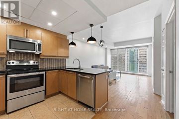 Ottawa condo for rent - A kitchen with a stove top oven, microwave, and dishwasher.