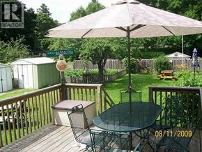 Brantford apartment for rent - A patio with a table and chairs and a green umbrella.