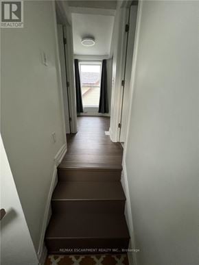 Hamilton (Crown Point) duplex for rent - A hallway with a brown carpeted staircase.