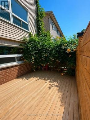 London South (South T) townhouse for rent - A wooden deck with a red chair and a tree in the middle.