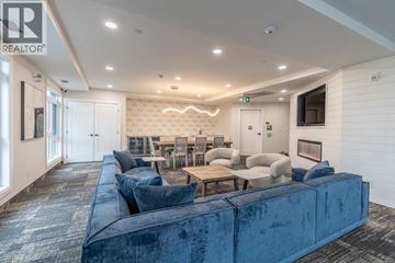 Point Edward apartment for rent - A living room with a blue velvet sofa and a television on the wall.