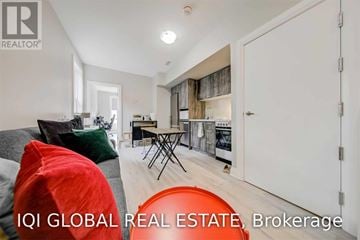 Toronto (Trinity-Bellwoods) apartment for rent - A modern living room with a grey sofa and a red bean bag chair.