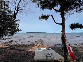Goulais River apartment for rent - A beach scene with a boat tied to a tree and a red and white striped barrier.