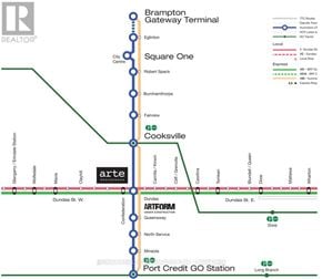 Mississauga (Cooksville) condo for rent - A map of a train station with a green line and a blue line.
