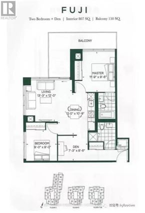 Toronto (Henry Farm) condo for rent - A floor plan for a two bedroom den with an interior of 807 square feet and a balcony of 130 square feet.