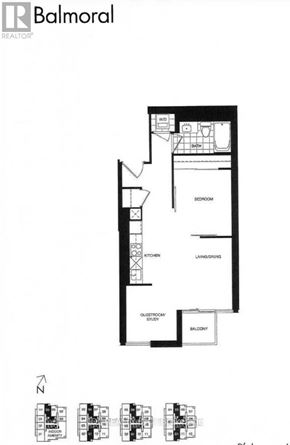 Toronto (North St. James Town) condo for rent - A floor plan of an apartment with a kitchen, living room, and bathroom.