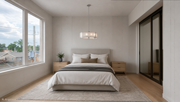 Belleville apartment for rent - A bedroom with a large bed and a view of the outdoors through the window.