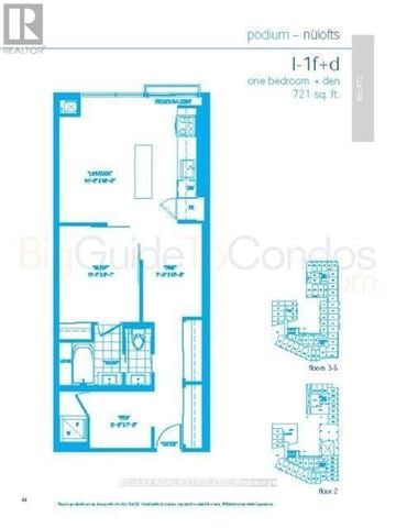 Toronto (Moss Park) condo for rent - A blueprint of a one bedroom apartment with a den and a total area of 721 square feet.