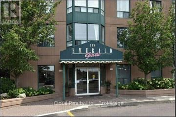 Mississauga (Cooksville) condo for rent - The front of a building with the name BEMERALD on it.