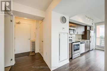 Toronto (Yorkdale-Glen Park) condo for rent - A modern kitchen with white cabinets and stainless steel appliances.