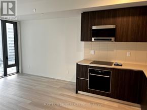 Toronto (Annex) condo for rent - A kitchen with a wooden cabinet and a black oven.