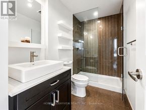 Richmond Hill (Langstaff) condo for rent - A modern bathroom with a white sink and brown tiled shower.