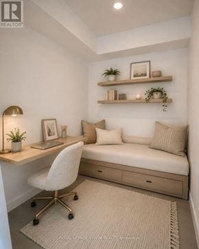 Toronto (Humber Heights) condo for rent - A white room with a desk, chair, and bed.