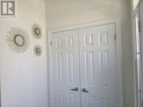 Oshawa (Eastdale) apartment for rent - A white door with a pair of silver handles is flanked by three round mirrors on a white wall.