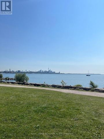 Toronto (Mimico) condo for rent - A grassy area with a body of water and a city skyline in the distance.