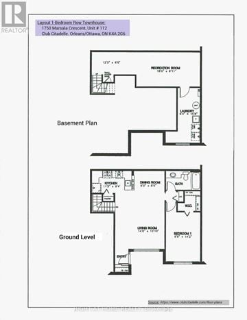 Ottawa townhouse for rent - A floor plan for a 1-bedroom row townhouse in Orleans, Canada.
