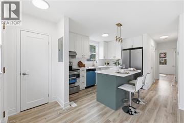 Hamilton apartment for rent - A modern kitchen with white cabinets and a blue island.