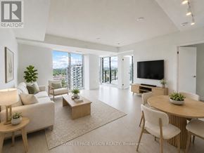 Toronto (Humber Heights) condo for rent - A well-lit, spacious living room with a flat-screen TV and sliding glass doors.