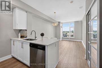Ottawa condo for rent - A modern kitchen with white cabinets and a stainless steel dishwasher.