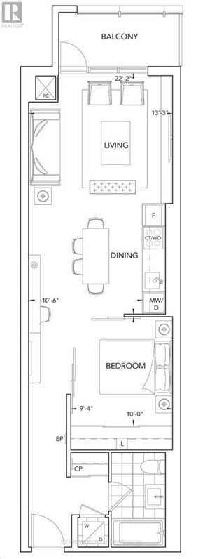 Toronto (Kensington-Chinatown) condo for rent - A floor plan of an apartment with a living room, dining room, bedroom, and balcony.