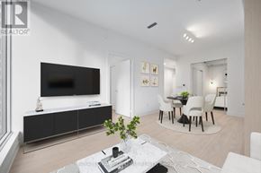 Toronto (Waterfront Communities) condo for rent - A modern living room with a television, a dining table with chairs, and a coffee table with a plant on it.