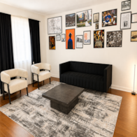 Baltimore apartment for rent - A black couch sits in a living room with a grey rug and a picture of a person on the wall.
