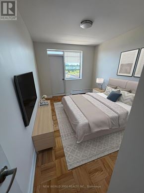 Toronto (Leaside) condo for rent - A bedroom with a bed, a television, and a window.