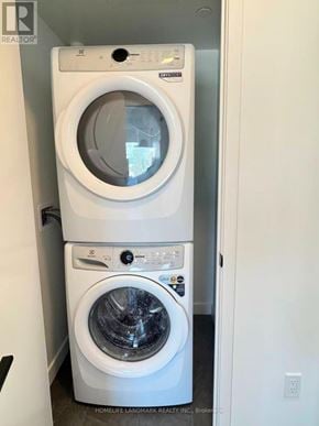 Toronto (North St. James Town) condo for rent - A white front load washer and dryer stacked on top of each other.