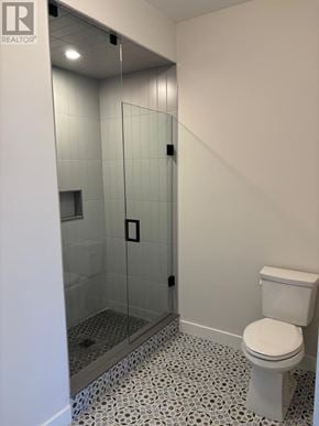 Blue Mountains apartment for rent - A white toilet in a bathroom with a glass shower stall.