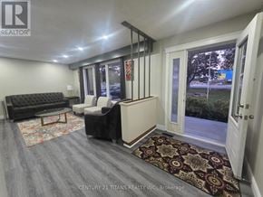 Clarington (Courtice) apartment for rent - A living room with a black couch, a chair, and a rug.
