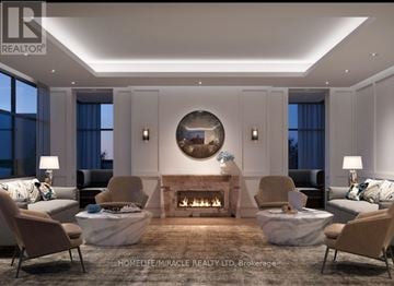 Toronto (Humber Heights) condo for rent - A modern living room with a fireplace and comfortable seating.
