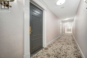 Toronto (Willowdale East) condo for rent - A hallway with a black door and a carpeted floor.