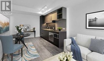 Vaughan (Vaughan Corporate Centre) condo for rent - A modern living room with a dining table and a couch.