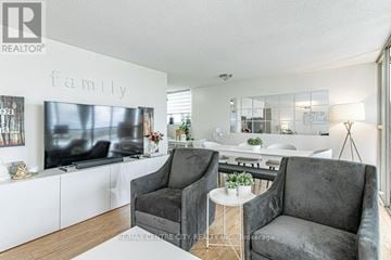 London South (South O) condo for rent - A living room with a grey couch and a flat screen TV mounted on the wall.
