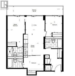 Toronto (Waterfront Communities) condo for rent - A black and white image of a floor plan for a home with a master bedroom, two living areas, a dining/kitchen area, and three bedrooms.