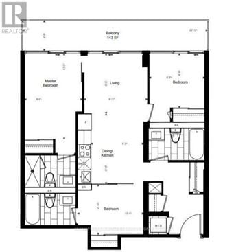 Toronto (Waterfront Communities) condo for rent - A black and white image of a floor plan for a home with a master bedroom, two living areas, a dining/kitchen area, and three bedrooms.