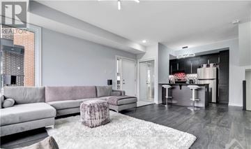 Ottawa townhouse for rent - A modern living room with a grey sofa and a grey rug.