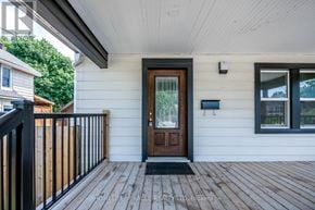 Niagara Falls (Downtown) apartment for rent - A wooden deck with a black railing and a brown door.