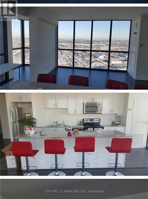 Vaughan (Concord) condo for rent - A brokerage office with a view of the city and a kitchen with red bar stools.