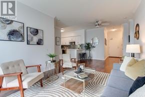 Toronto (Mimico) condo for rent - A living room with a striped rug and a white sofa.