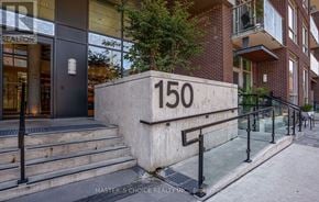 Toronto (South Riverdale) condo for rent - A building with the number 150 on a concrete block in front of it.