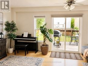 Waterloo apartment for rent - A living room with a piano, a plant, and a sliding glass door.